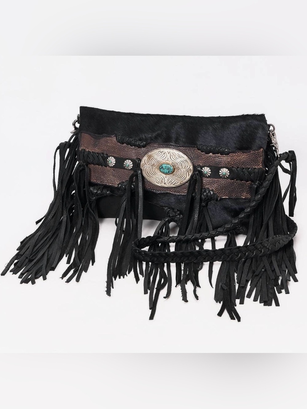 American Darling Black Fringe Clutch with Turquoise Concho New with Tags